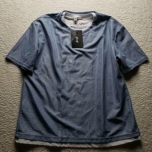 Hoooyi Shirt Mens Large Blue Short Sleeve Check Knit Layered Casual Tee Top